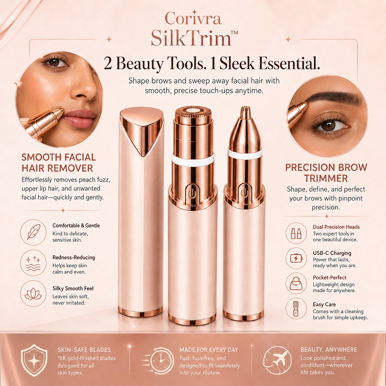 Corivra SilkTrim 2-in-1 Facial Hair & Eyebrow Trimmer